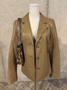 Y2K Wilsons Tan 100% Leather Blazer | Minimalist Neutral Aesthetic | Size M
